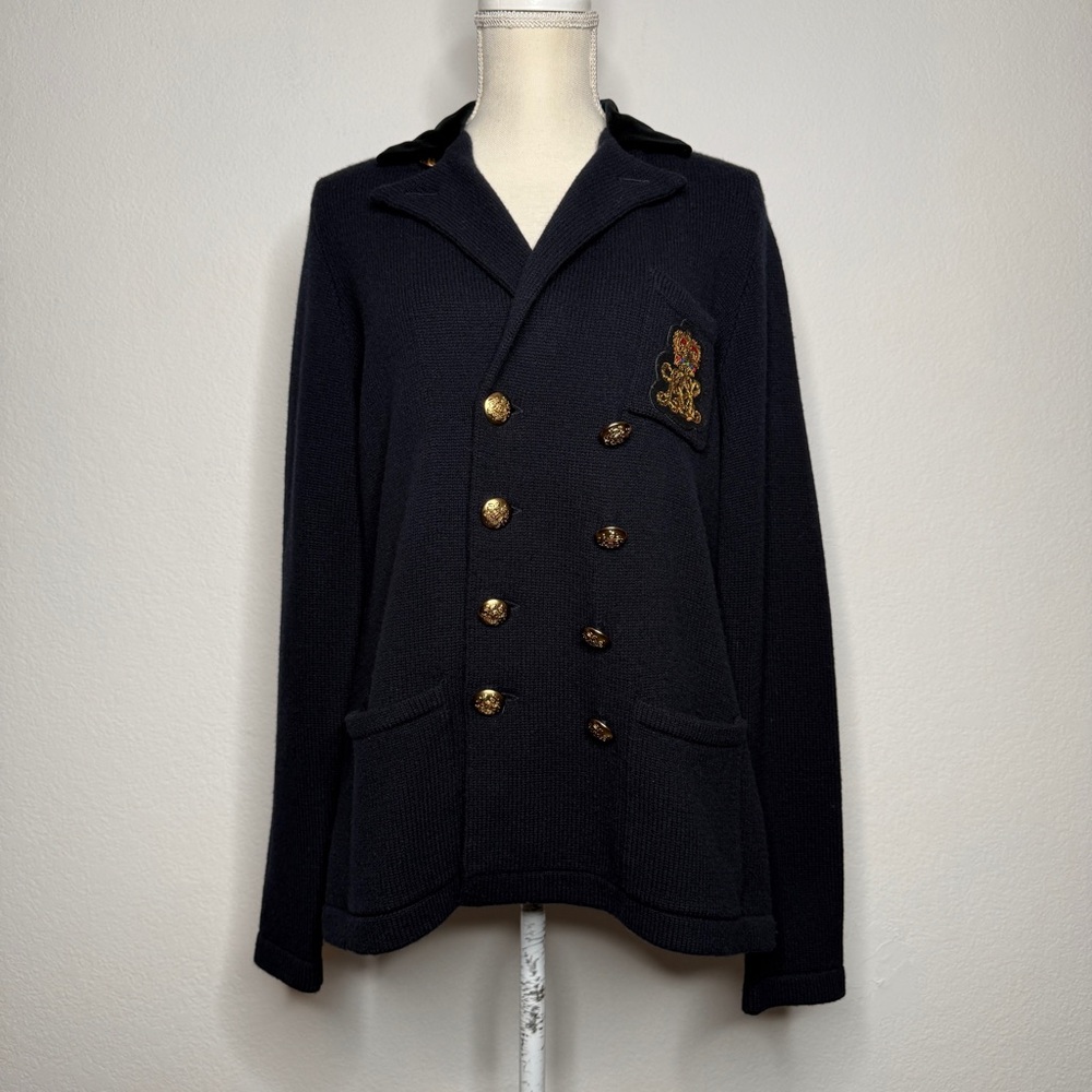 Lauren Ralph Lauren Navy Wool Cashmere Crest Velvet Collar Blazer Size L